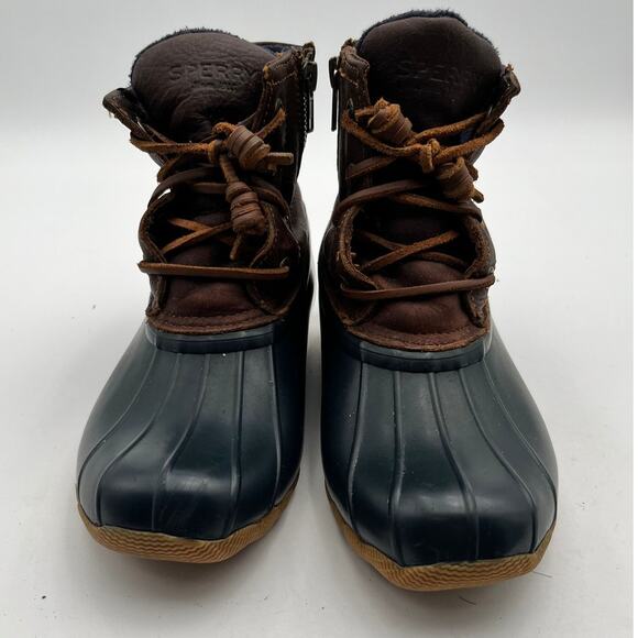 Sperry Saltwater Duck Boots Womens Size 7 Brown Leather Navy Rubber STS91175 - Picture 9 of 14